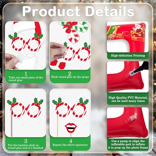 Christmas Photo Booth Props Inflatable Frame, 32Pcs Christmas Party Photo Booth Props with Inflatable Picture Frame Large for Xmas Holiday Party Selfie Supplies - color: Christmas