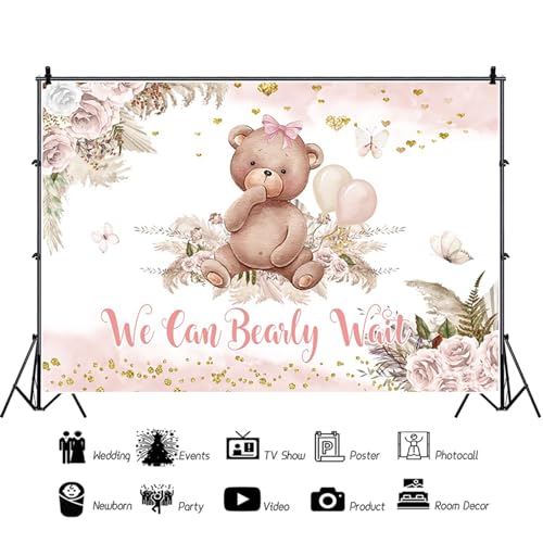 5x3ft Bear Baby Shower Backdrop We Can Bearly Wait Baby Shower Party Decorations Boho Pink Floral Photography Background It’s a Girl Party Banner Supplies Photo Booth Props - size: 5x3ft