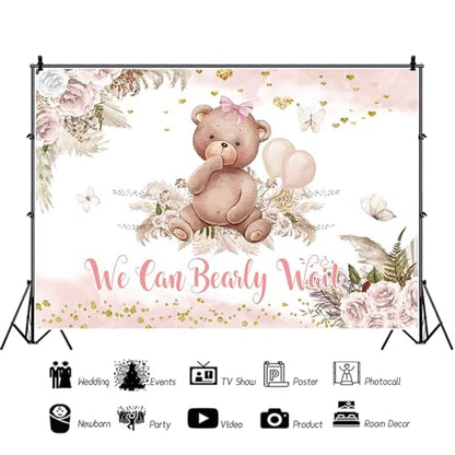 5x4ft Bear Baby Shower Backdrop Boho Pink Floral We Can Bearly Wait Photography Background It’s a Girl Baby Shower Party Banner Decorations Supplies Photo Booth Props - size: 5x4ft