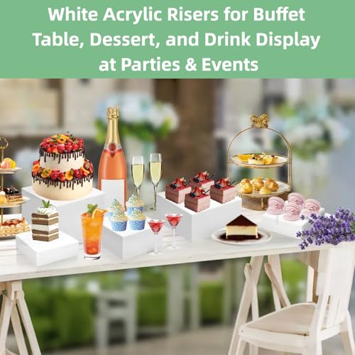 6 PCS Buffet Risers and Stands (3",4",5",6",7",8"), Food Risers for Buffet Table, Acrylic Nesting Risers with Hollow Bottoms, Display Stand Shelf for Party, Catering, Desserts, Jewelry & Collectibles (white)
