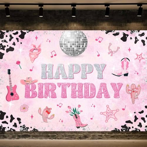 7X5ft Disco Cowgirl Birthday Backdrop Pink Western Wild West Cow Print Photography Background Hot Pink Boot Backdrops for Girls Women Birthday Party Decorations Banner Photo Booth Props - color: Pink02, size: 7X5FT