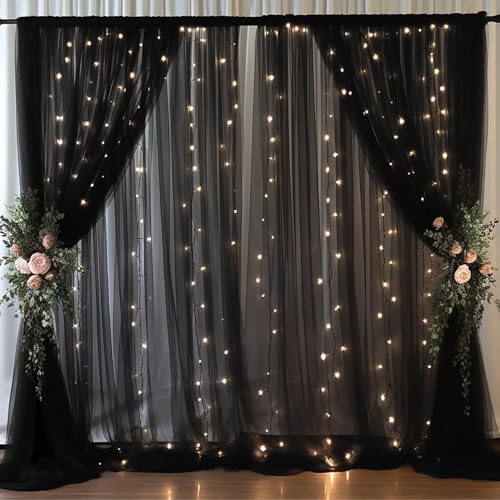 20x8ft Black Tulle Backdrop Curtain with Lights String for Parites, Sheer Backdrop Curtains for Wedding Baby Shower Birthday Party Photo Shoot Decorations - color: Black, size: 20ft x 8ft(4 Panels 5*8ft)