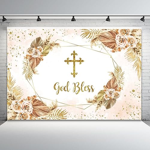 Boho Flowers God Bless Backdrop for Photography First Holy Communion Christening Baptism Photo Backdrop 10x8ft Mi Bautizo Background Girl Baby Shower Party Birthday Decoration Banner Props
