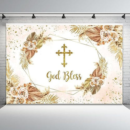 Boho Flowers God Bless Backdrop for Photography First Holy Communion Christening Baptism Photo Backdrop 10x8ft Mi Bautizo Background Girl Baby Shower Party Birthday Decoration Banner Props