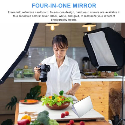 PRETYZOOM Foldable A4 Photography Reflective Board Tri-fold Silver Black White Gold Light Reflector Cardboard for Studio and Outdoor Photo Lighting