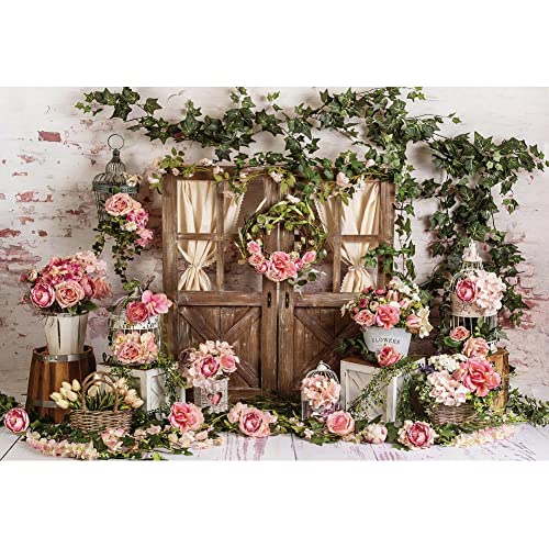 Renaiss 10x8ft Rustic Flower Shop Backdrop for Photoshoot Kids Adults Portrait Green Vines Leaves Pink Blossoms Wood Door Florist Photography Background Wedding Birthday Party Decors Photo Booth Props - size: 10x8ft