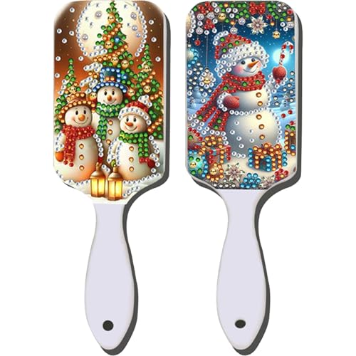 2Pcs Diamond Art Wooden Comb Craft Kit, 5D Special Shaped Rhinestone Diamond Painting Hair Accessories, DIY Sparkly Styling Comb for Daily Use Home Salon Decor (Snowman Christmas Tree) - color: XX064 XX065