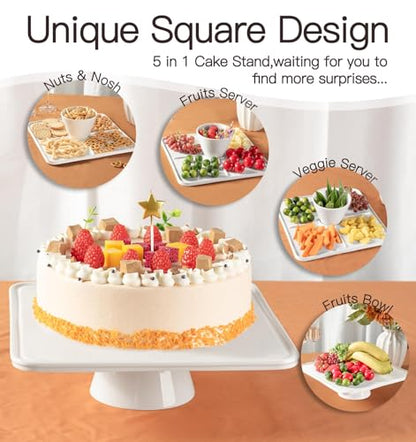 12.5" Square Ceramic Cake Stand 5-in-1 - White Pedestal Serving Platter for Wedding Birthday Party Baby Shower, Dessert Cupcake Fruit Display Stand, Multifunctional Kitchen Centerpiece - size: 12.5" x 12.5" x 3.7"