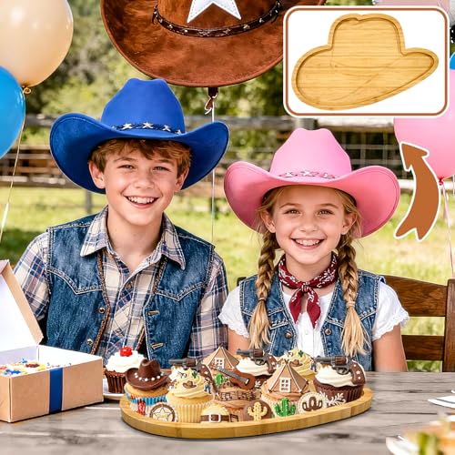 1PCS Wooden Cowboy Party Decoration Hats Charcuterie Board First Rodeo Birthday Tableware Western Cowgirl Serving Trays Reusable Fillable Food Platter for Baby Shower Gender Reveal Tabletop Supplies - color: Wooden Hat