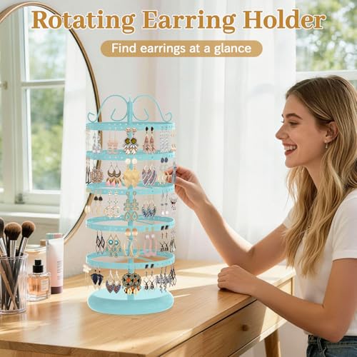 MODOWEY Rotating Earring Holder Organizer Stand, 5 Tier Metal Tree Display for Women Vendors, 220 Holes Adjustable Jewelry rack for Stud Hoop Dangle Storage, Trendy Carousel Keeps Dresser Neat, Blue - color: Blue, size: 5 Tier, 220 Holes