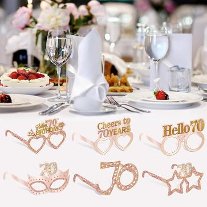 Guiruiy 24PCS 70th Birthday Paper Eyeglasses Decorations for Women, Pink Rose Gold Happy 70th Birthday Eyeglasses Party Supplies, Funny Seventy Year Old Birthday Glasses Decor - style: Rose Gold 70th
