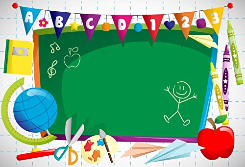 Leyiyi 10x7ft Vinyl Photography Background Welcome to Kindergarten Backdrop ABC Letters Blackboard Watercolor Pen Paper Airplane Globe Back to School Themed Party Backdrops Banner - color: Green, size: 10x7ft-Vinyl