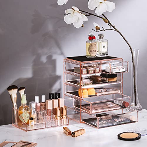 Sorbus Acrylic Makeup Organizer Set, 6-Drawer Vanity & Countertop Cosmetic Storage with Small & Wide Compartments, Pink Makeup Storage for Brushes, Jewelry – Holiday Gift for Women & Teens - color: Pink, size: 4 Large, 2 Small Drawers