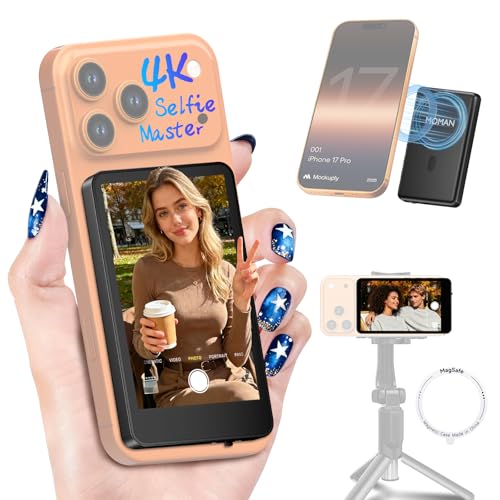 Moman Vlog Selfie Monitor Screen for iPhone 7-17 Series, 4K 60fps & Encrypted Private Wireless, Magnetic Back Camera Monitor, P2P Wireless, 164 ft Range for TikTok, YouTube, Photo & Video Kits, Black - color: Black