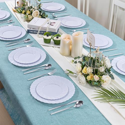 U-QE 60 Pcs White Plastic Plates for Party – Scalloped Plastic Plates Heavy Duty & Elegant – Include 30 10" Dinner & 30 7" Dessert Plate - Perfect for Party & Wedding - color: White