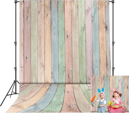Colorful Wood Backdrop 6x8FT Easter Pastel Rustic Wooden Photography Background Easter Baby Shower Birthday Party Decorations Portrait Photoshoot Studio Props - size: 6x8FT