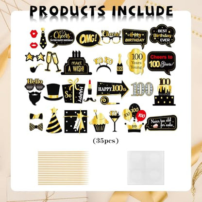 INNORU 100th Birthday Photo Booth Props, Women Men Birthday Photoshoot Funny Birthday Party Photography Props Favor 100 Years Old Centerpiece Sticks Decorations Black & Gold 35 PCS - size: 100