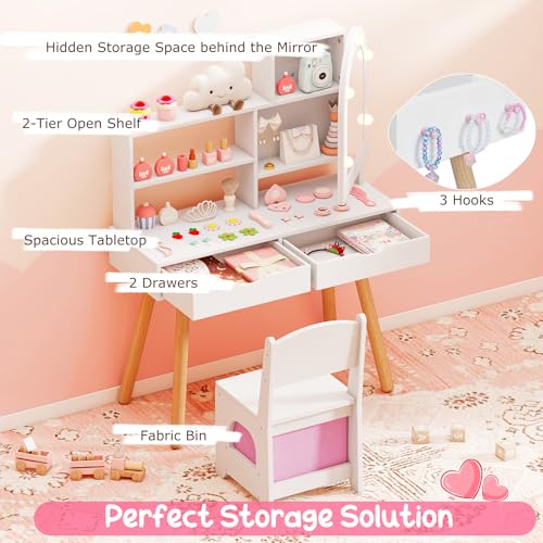 Costzon Kids Vanity with Lights, Girls Vanity Set with Mirror Cabinet, Storage Drawers, Hooks & Shelves, Toddler Makeup Vanity Desk Dressing Table, Wooden Kids Vanity Table and Chair Set (White) - style: White with Mirror Cabinet