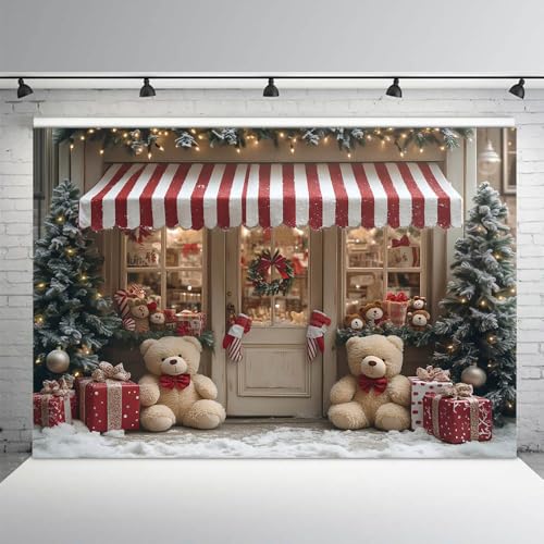 AIBIIN 7x5ft Winter Christmas Shop Backdrop Holiday Storefront Decorations Snowy Christmas Storefront with Cut Bears, Gifts, Stockings and Wreath - color: Store, size: 7x5ft