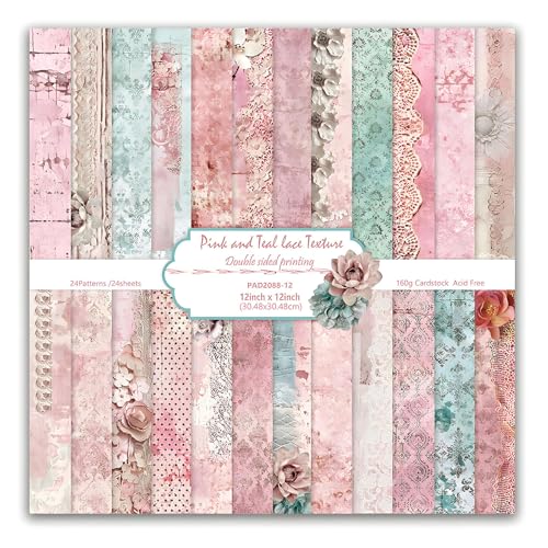 VIVIQUEN 24 Pack Pink Lace Textures Scrapbook Paper, 12x12 Inch Vintage Double-Sided Specialty Craft Paper Folded Flat for DIY Background Cards Art Photo Album Decor Junk Journals Decoration