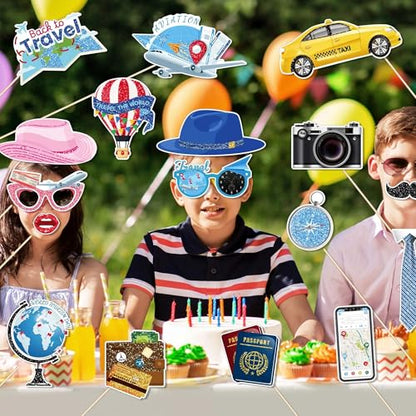 25Pcs Travel Photo Booth Props with Stick, Adventure Awaits Theme Selfie Props, Bon Voyage Birthday Party Supplies, Around The World Photography Backdrop Decorations
