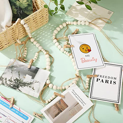 Kathfly 2 Pcs Hanging Photo Display with 36 Wood Clips DIY Boho Collage Picture Frame Wooden Beads Garland Hanging Picture Holder 3.61 ft Rustic Photo Wall Decor for Dorm Bedroom Nursery
