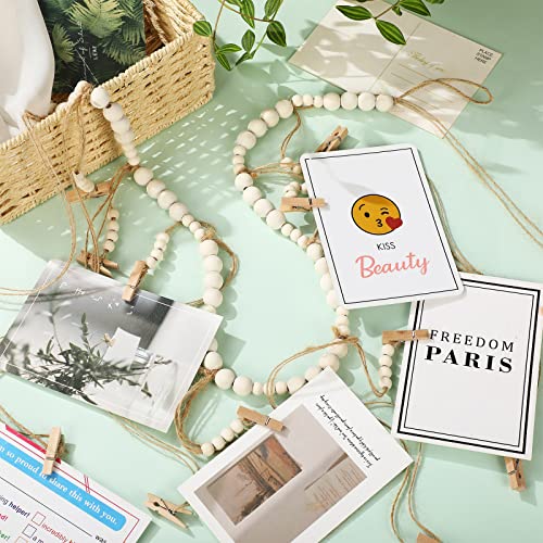Kathfly 2 Pcs Hanging Photo Display with 36 Wood Clips DIY Boho Collage Picture Frame Wooden Beads Garland Hanging Picture Holder 3.61 ft Rustic Photo Wall Decor for Dorm Bedroom Nursery
