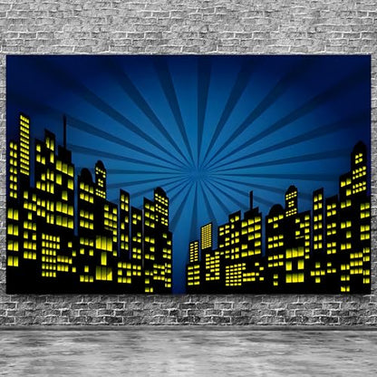 15x8ft Polyester Cartoon Super City Background Skyline Skyscraper Urban Light Photography Backdrop Children Boby Happy Birthday Backdrop Super City Party Photo Studio Props - size: 15x8 FT