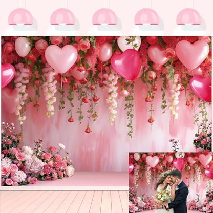Flowers Wall Backdrop Pink Flowers Love Heart Balloons Romantic Photography Background Wedding Anniversary Birthday Valentines Party Decorations Banner Supplies (7x5FT) - size: 7x5FT