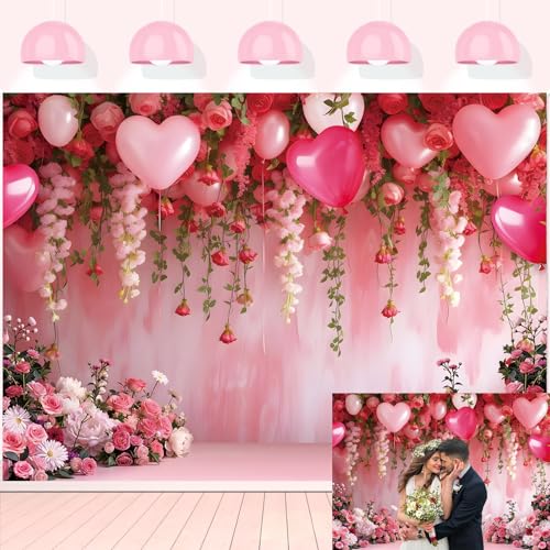Flowers Wall Backdrop Pink Flowers Love Heart Balloons Romantic Photography Background Wedding Anniversary Birthday Valentines Party Decorations Banner Supplies (7x5FT) - size: 7x5FT