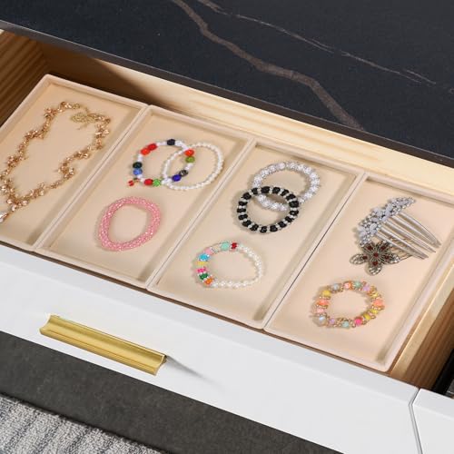 Dimeho 8 PCS Velvet Jewelry Organizer Trays Stackable Jewerlry Tray Jewelries Storage Display Plate Beige Blank Display Flat Tray for Earring Ring Beads Bracelet Necklace 8.3 x 4.7 x 1 Inches