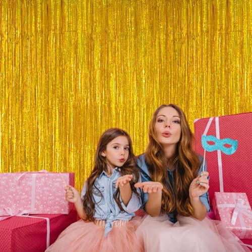 2 Pack 3.2ft x 8.2ft Gold Metallic Foil Curtains, Big Laser Glitter Fringe Rain Curtain Photo Booth Backdrop Tinsel Curtain Streamer for Birthday Wedding Graduations Christmas Event Party Supplies - color: Gold