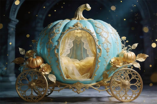 5x3ft Pumpkin Carriage Backdrop Tiffany Blue Gold Cinderella Fairytale Castle Floral Ornate Photo Background for Princess Birthday Party Wedding Baby Shower Decor Photo Booth Props Polyester - color: Blue-2, size: 5x3ft
