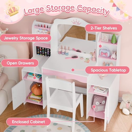 MU Kids Vanity, Girl Vanity Set with Mirror and Stool, 2 in 1 Toddler Makeup Vanity Table with Jewelry Storage, Wooden Princess Makeup Desk Dressing Table for Little Girls, (White) - color: White
