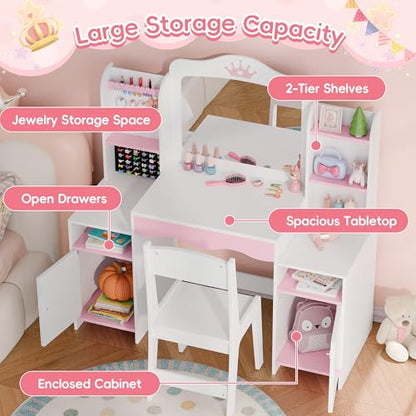 MU Kids Vanity, Girl Vanity Set with Mirror and Stool, 2 in 1 Toddler Makeup Vanity Table with Jewelry Storage, Wooden Princess Makeup Desk Dressing Table for Little Girls, (White) - color: White