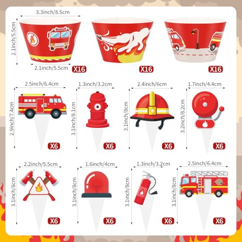 48 Pack Fire Truck Cupcake Toppers and Wrappers, Firefighter Fireman Party Cake Decoration for Firefighting Theme Birthday Party Baby Shower Supplies - style: Fire Truck