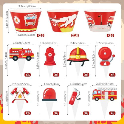 48 Pack Fire Truck Cupcake Toppers and Wrappers, Firefighter Fireman Party Cake Decoration for Firefighting Theme Birthday Party Baby Shower Supplies - style: Fire Truck