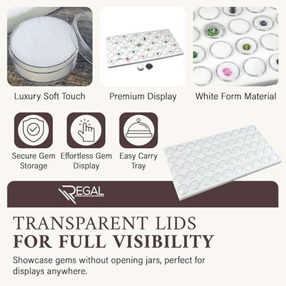 RJ Displays 50 Gem Display Case Diamond Gemstone Storage Box – White Tray Foam Sheet (14.5" x 7.8" x 0.75") –Small Round Plastic Containers Box Jewelry Organizer Container, White Foam Storage Jar - color: White