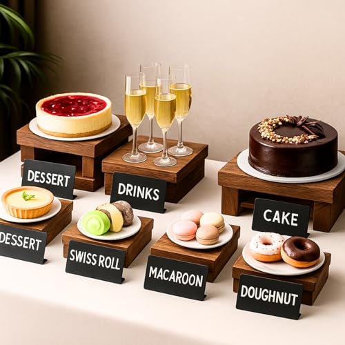 8PCS Wooden Buffet Risers and Stands with Reusable Table Signs, stackable Cube Rustic Wood Food Risers for Buffet Display, Cupcake Holder, Cupcake Stand, Dessert Table Display Set, 8PCS