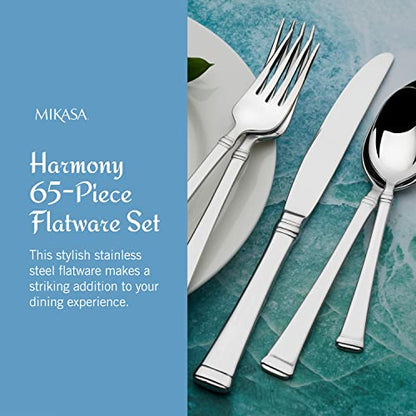 Mikasa Harmony 65-Piece 18/10 Stainless Steel Flatware Set, Service for 12, Polished Silverware with Serving Utensils, Dishwasher Safe - size: 65 Piece Set, style: Harmony