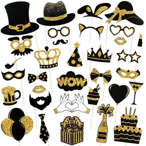 36PCS Black and Gold Photo Booth Prop, Birthday Party Photo Booth Props for Photoshoot Birthday Party Photobooth New Year Graduation Anniversary Party Supplies Graduation Decorations Mother's Day - color: Gold and Black