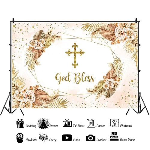 Boho Flowers God Bless Backdrop for Photography First Holy Communion Christening Baptism Photo Backdrop 10x8ft Mi Bautizo Background Girl Baby Shower Party Birthday Decoration Banner Props