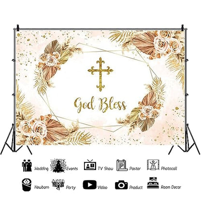 Boho Flowers God Bless Backdrop for Photography First Holy Communion Christening Baptism Photo Backdrop 10x8ft Mi Bautizo Background Girl Baby Shower Party Birthday Decoration Banner Props