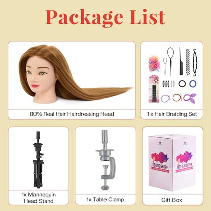Mannequin Head with 80% Real Human Hair with Tripod Stand - 28" Cosmetology Manikin Doll Head for Hair Styling, Hairdressing Training Head for Braiding Practice Suitable for Hair Extensions - color: Blonde#27&Tripod Set