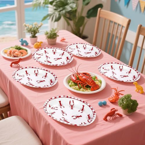 Grencian 50Pcs Crawfish Boil Oval Paper Plates 10" X 12" Disposable Red Grid Pattern Crawfish Party Plates Crawfish Tableware for Lobster BBQ Gathering Picnic Cookout Carnival Birthday Decorations - style: 50Pcs Crawfish Oval Kit