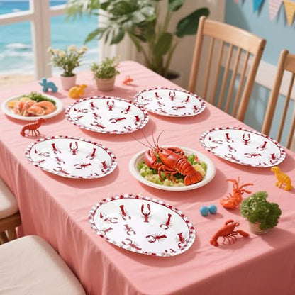 Grencian 50Pcs Crawfish Boil Oval Paper Plates 10" X 12" Disposable Red Grid Pattern Crawfish Party Plates Crawfish Tableware for Lobster BBQ Gathering Picnic Cookout Carnival Birthday Decorations - style: 50Pcs Crawfish Oval Kit