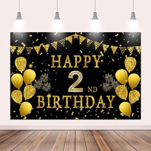 5x3ft Happy 2nd Birthday Party Photography Backdrop, Glitter Black and Gold Balloons Background for Girl Boy Second Bday Shining Diamond Two Years Old Birthday Party Supplies - color: 2nd, size: 5x3ft