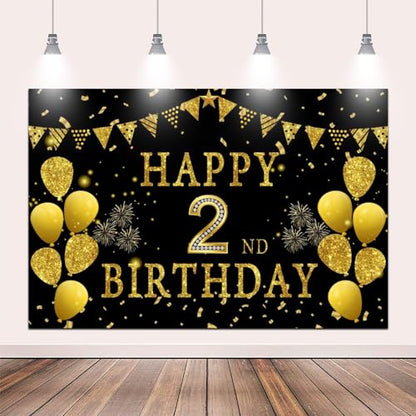 5x3ft Happy 2nd Birthday Party Photography Backdrop, Glitter Black and Gold Balloons Background for Girl Boy Second Bday Shining Diamond Two Years Old Birthday Party Supplies - color: 2nd, size: 5x3ft
