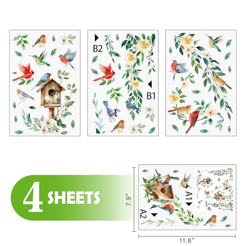 Mfault Spring Summer Birds Floral Vine Window Clings, Cardinal Bluebird Birdhouse Hummingbird Rose Flower Stickers Decals Decorations, Farmhouse Botanical Leaves Home Living Room Kitchen Decor