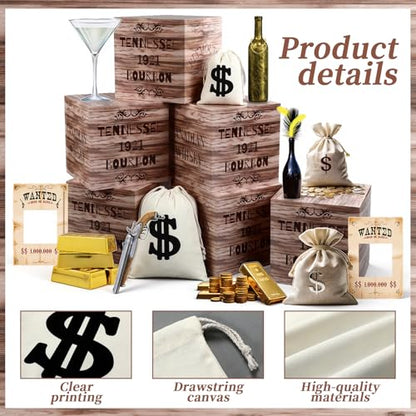 Eaasty 19 Pcs Roaring 20s Party Decorations Photo Booth Props Speakeasy Decor Height Chart Backdrop Wood Grain Boxes Wanted Sign Dollar Sacks for Retro Jazz Twenties 1920 Party Decor